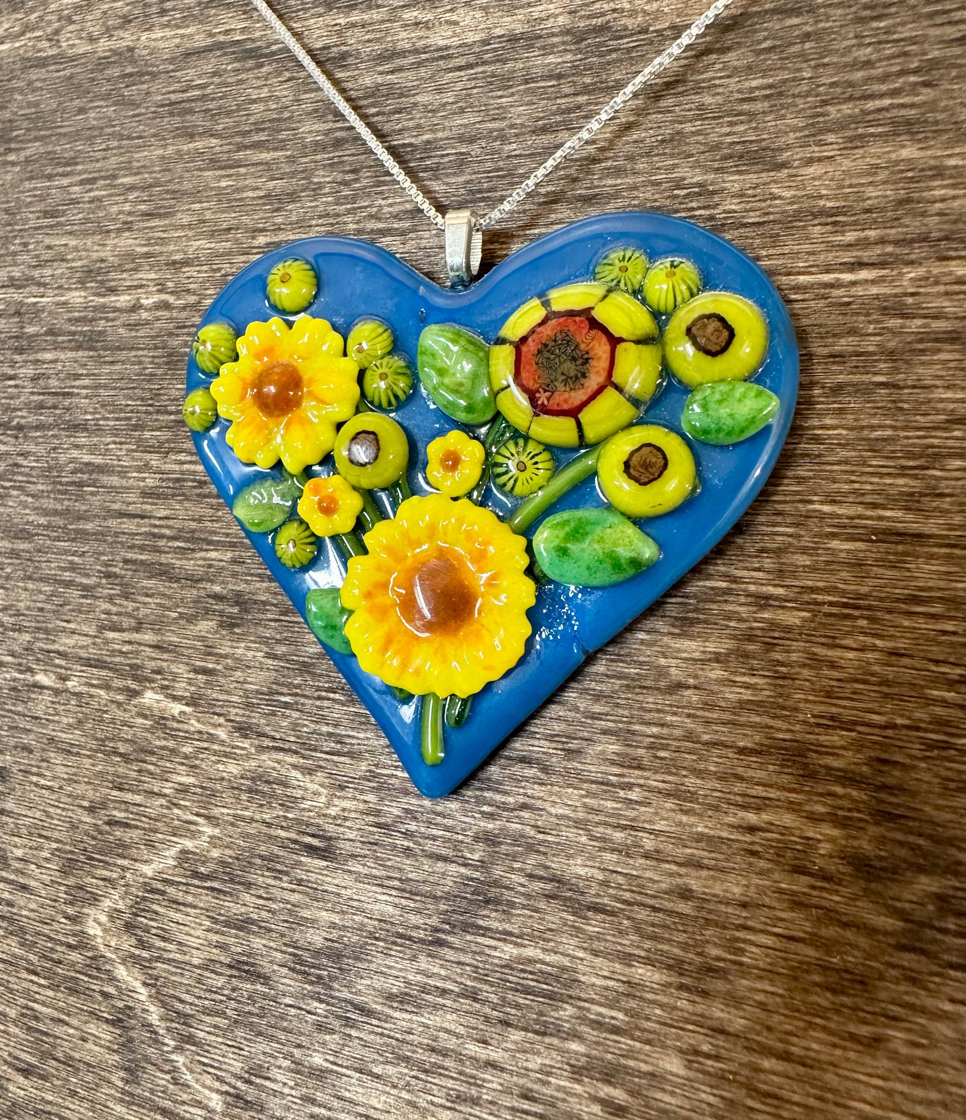 Royal Blue Heart Pendant with Yellow Flowers - Powerglassworks