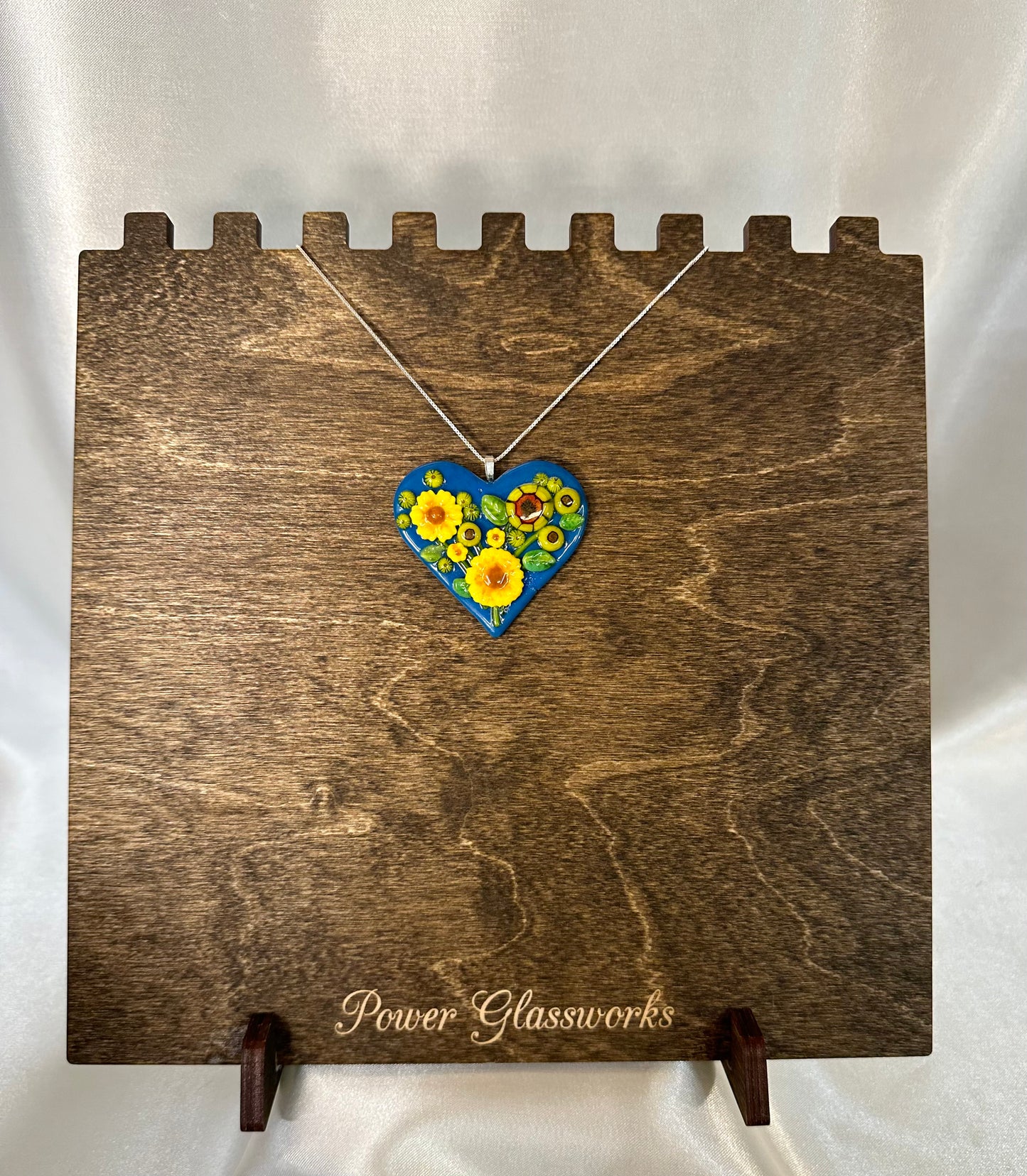 Royal Blue Heart Pendant with Yellow Flowers - Powerglassworks