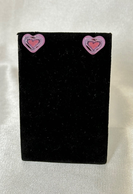 Intricate Pink Heart Glass Valentine's Day Stud Earrings - Powerglassworks