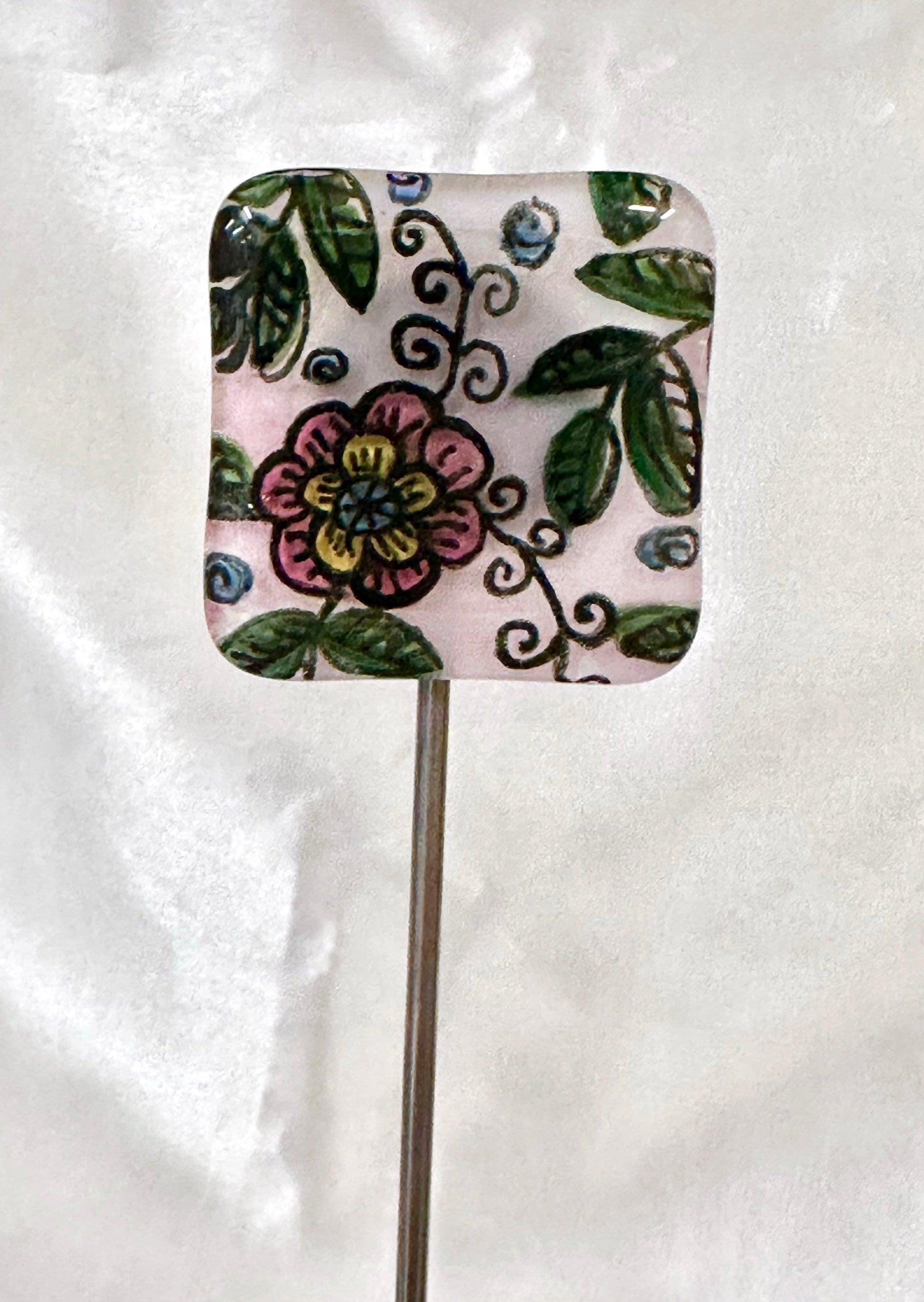 Fused Glass Pink Flower and Greenery Garden Stake - 14" - Powerglassworks