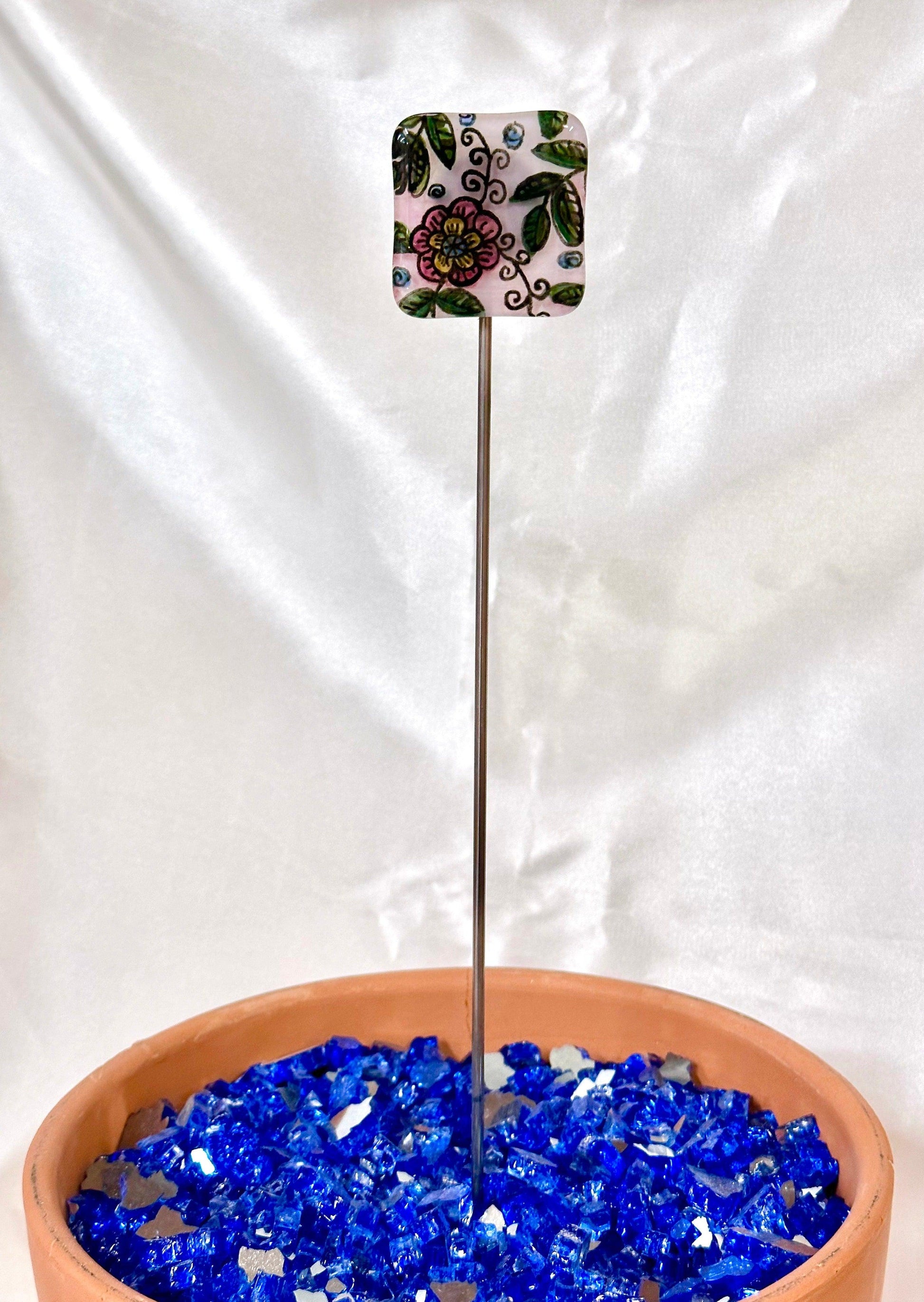 Fused Glass Pink Flower and Greenery Garden Stake - 14" - Powerglassworks