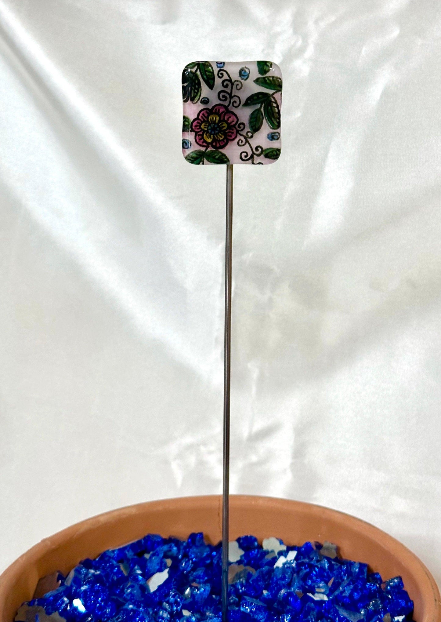 Fused Glass Pink Flower and Greenery Garden Stake - 14" - Powerglassworks