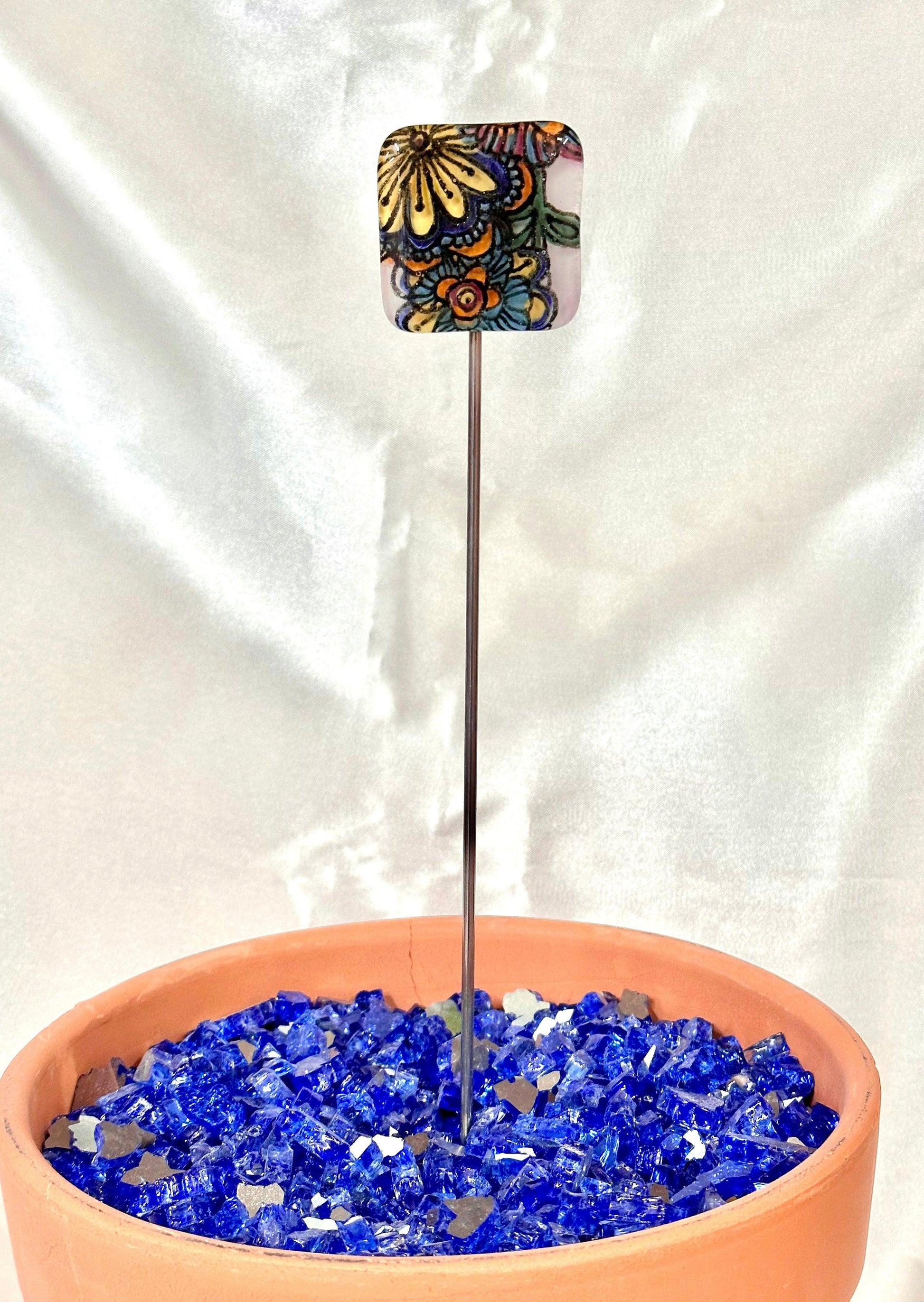 Fused Glass Painted Flowers Garden Stake - 14" - Powerglassworks