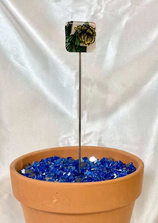 Fused Glass Leaning Sunflower Garden Stake - 14" - Powerglassworks