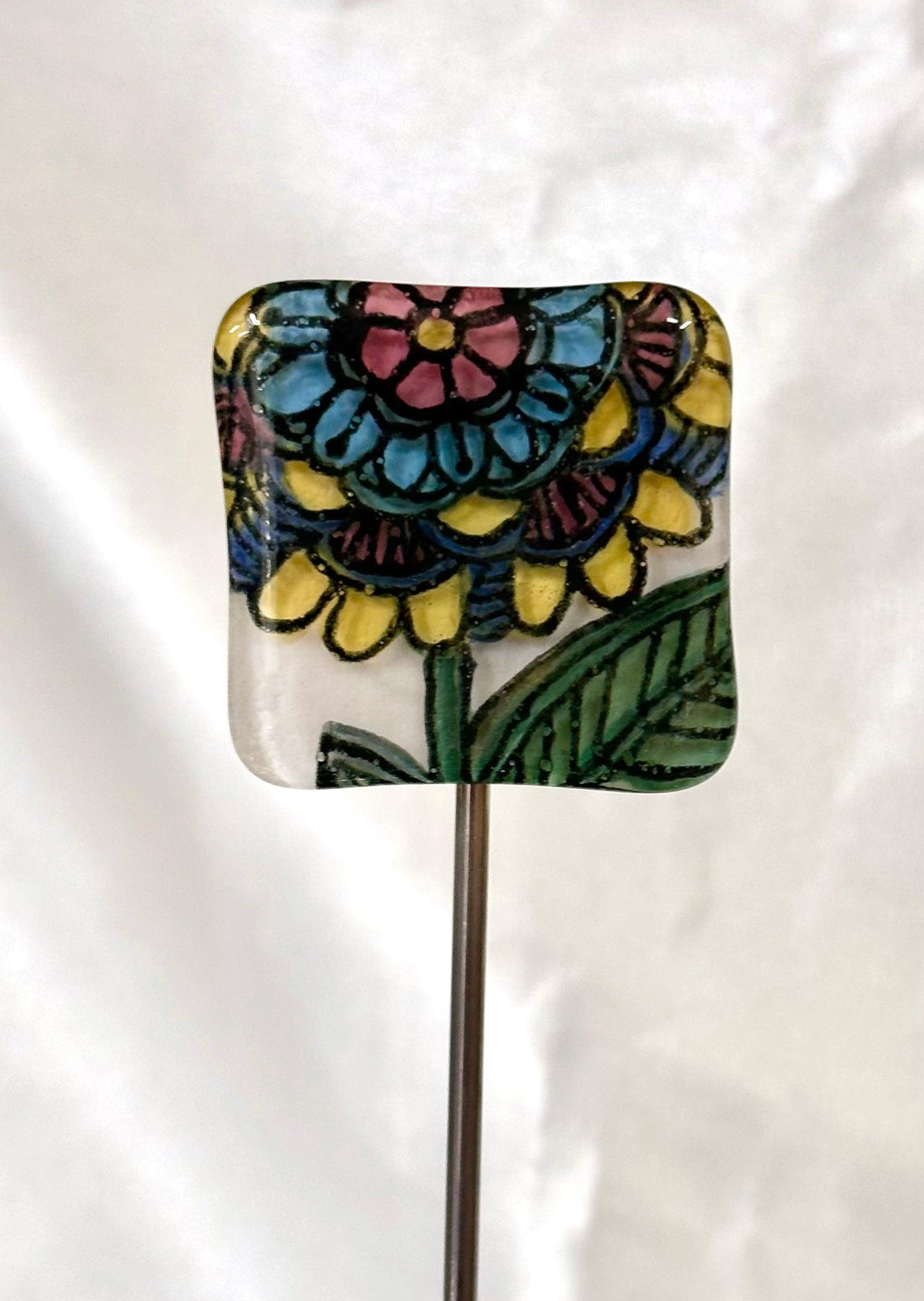 Colorful Flower Fused Glass Garden Stake - 14" - Powerglassworks