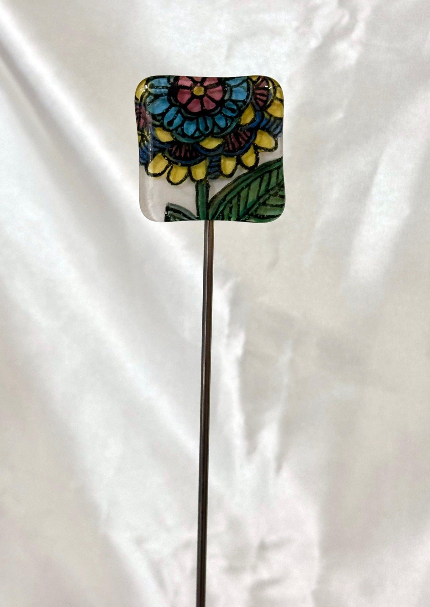 Colorful Flower Fused Glass Garden Stake - 14" - Powerglassworks