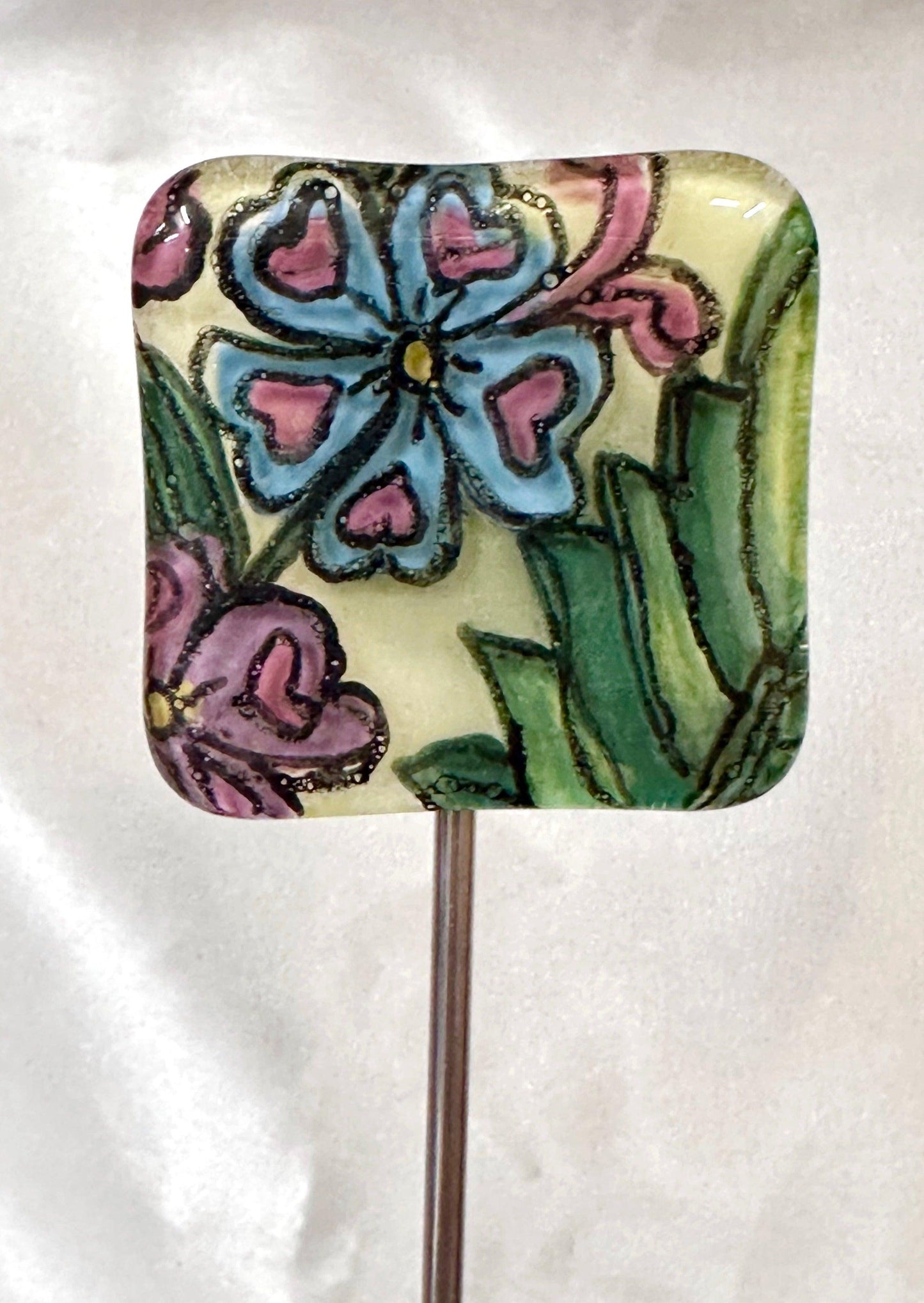 Fused Glass Blue Flower with Hearts Garden Stake - 14" - Powerglassworks