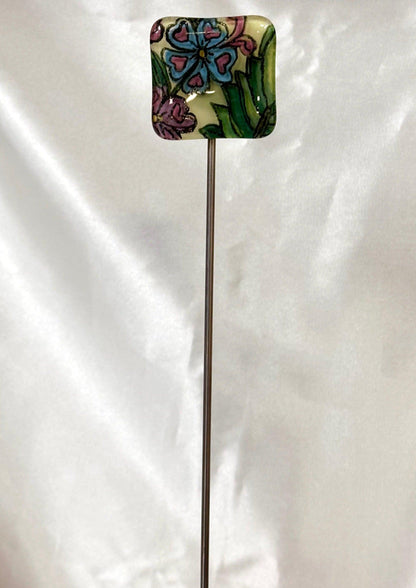 Fused Glass Blue Flower with Hearts Garden Stake - 14" - Powerglassworks