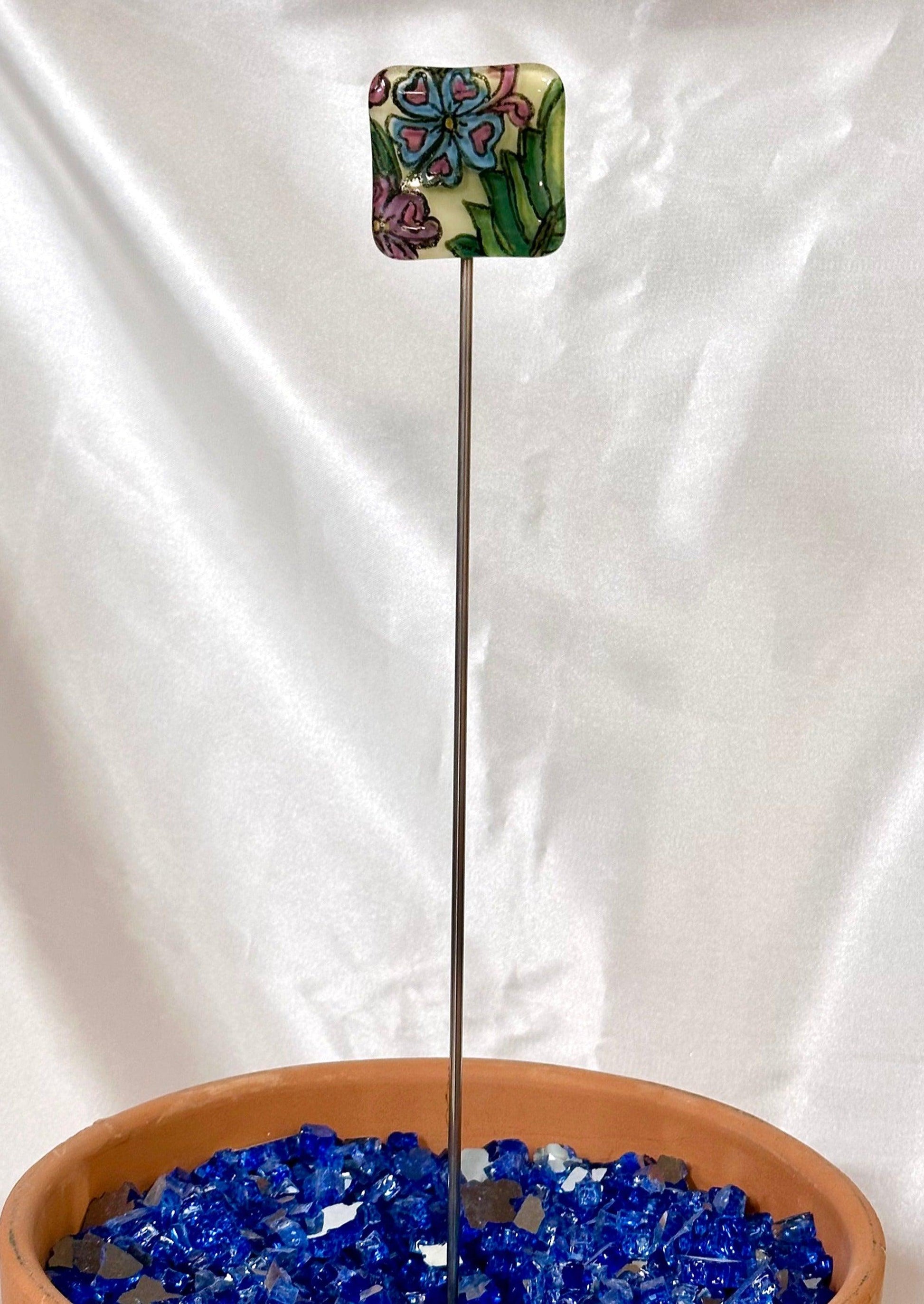 Fused Glass Blue Flower with Hearts Garden Stake - 14" - Powerglassworks