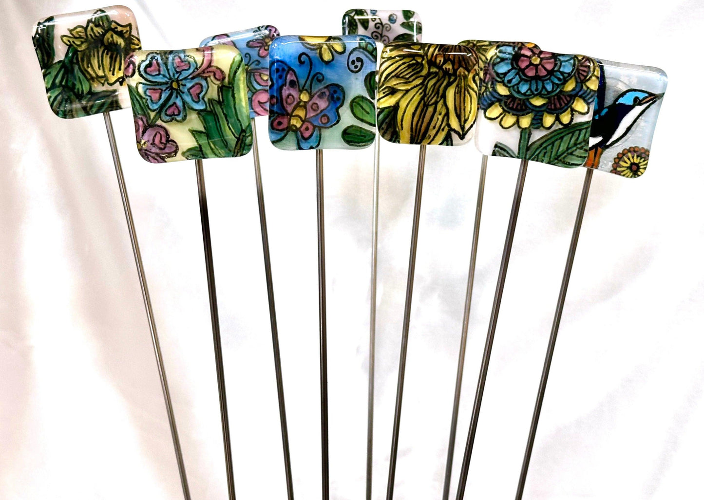 Fused Glass Painted Flowers Garden Stake - 14" - Powerglassworks