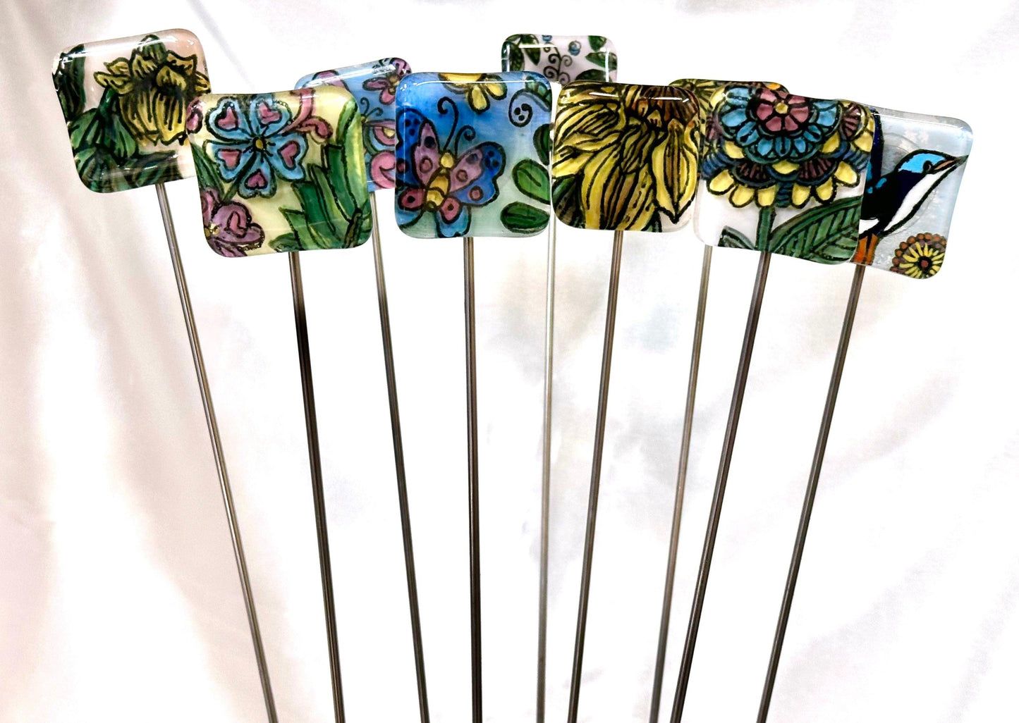 Fused Glass Blue Flower with Hearts Garden Stake - 14" - Powerglassworks