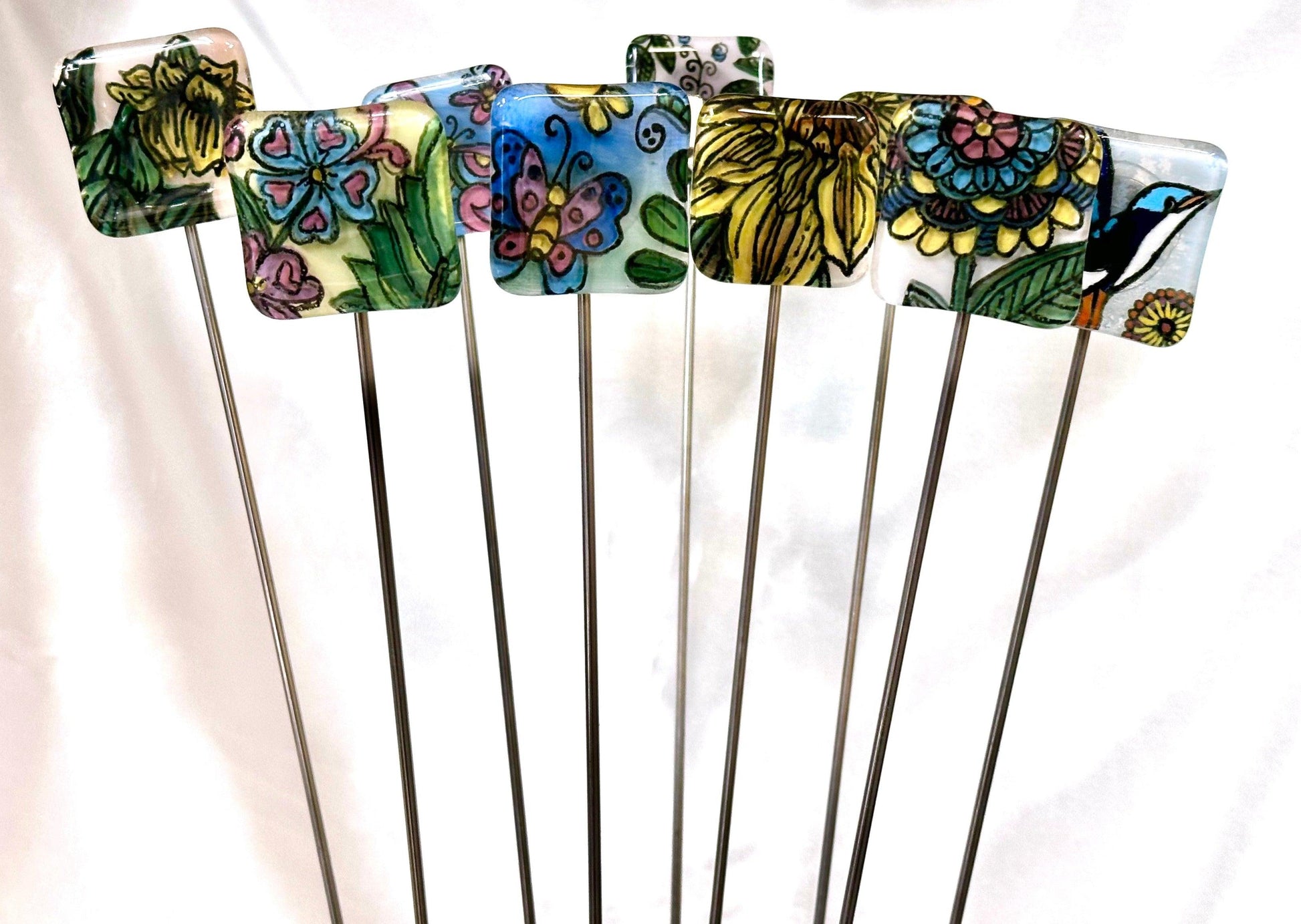 Fused Glass Pink Flower and Greenery Garden Stake - 14" - Powerglassworks