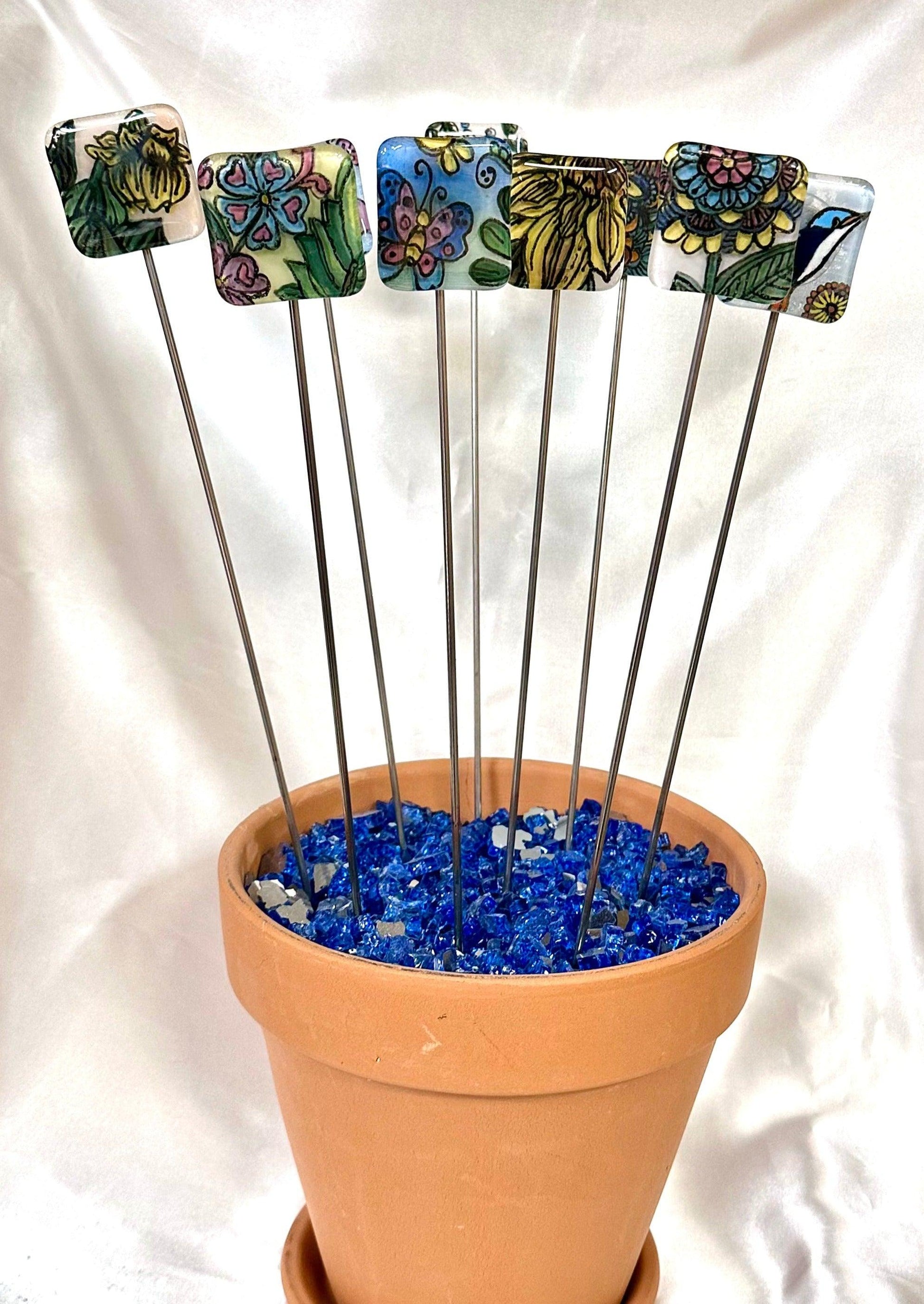 Fused Glass Blue Flower with Hearts Garden Stake - 14" - Powerglassworks