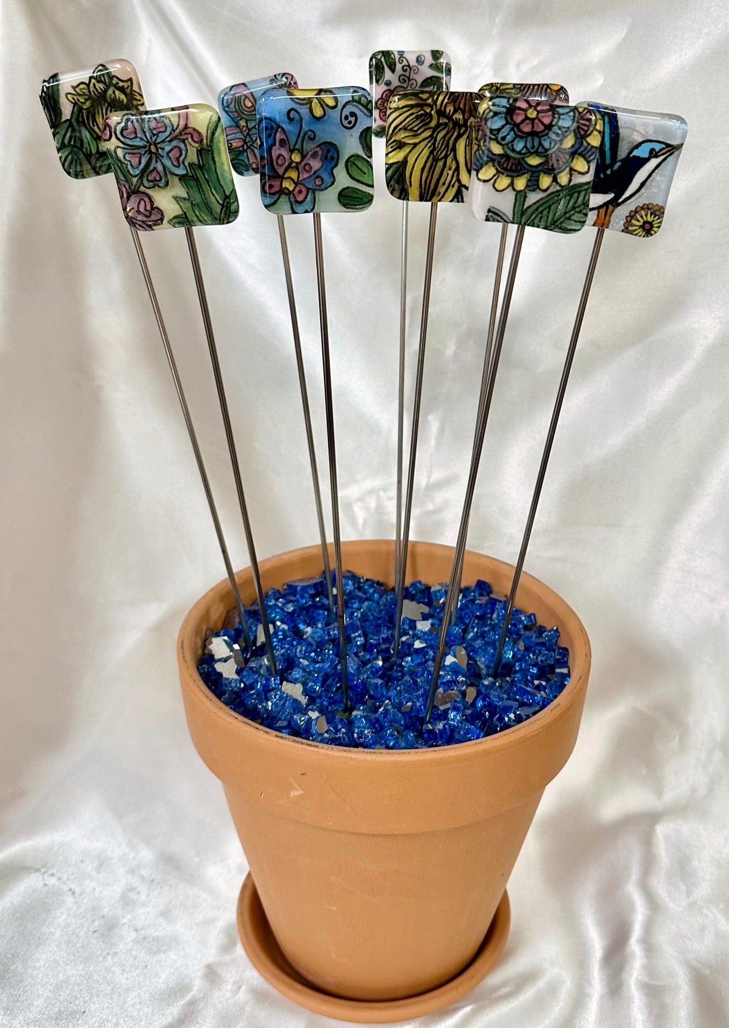 Fused Glass Blue Flower with Hearts Garden Stake - 14" - Powerglassworks