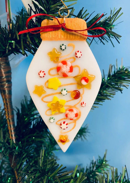 White Fused Glass Ornament with Millefiori Candies - Powerglassworks