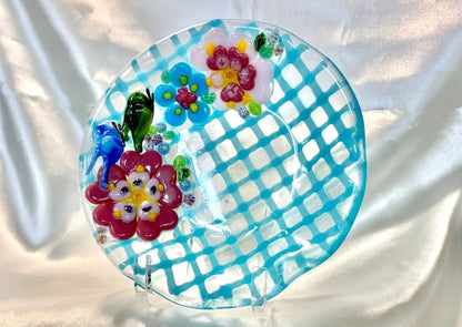 Clear Glass Bowl with Plaid Turquoise Pattern, Multicolored Flowers and Butterflies - Powerglassworks