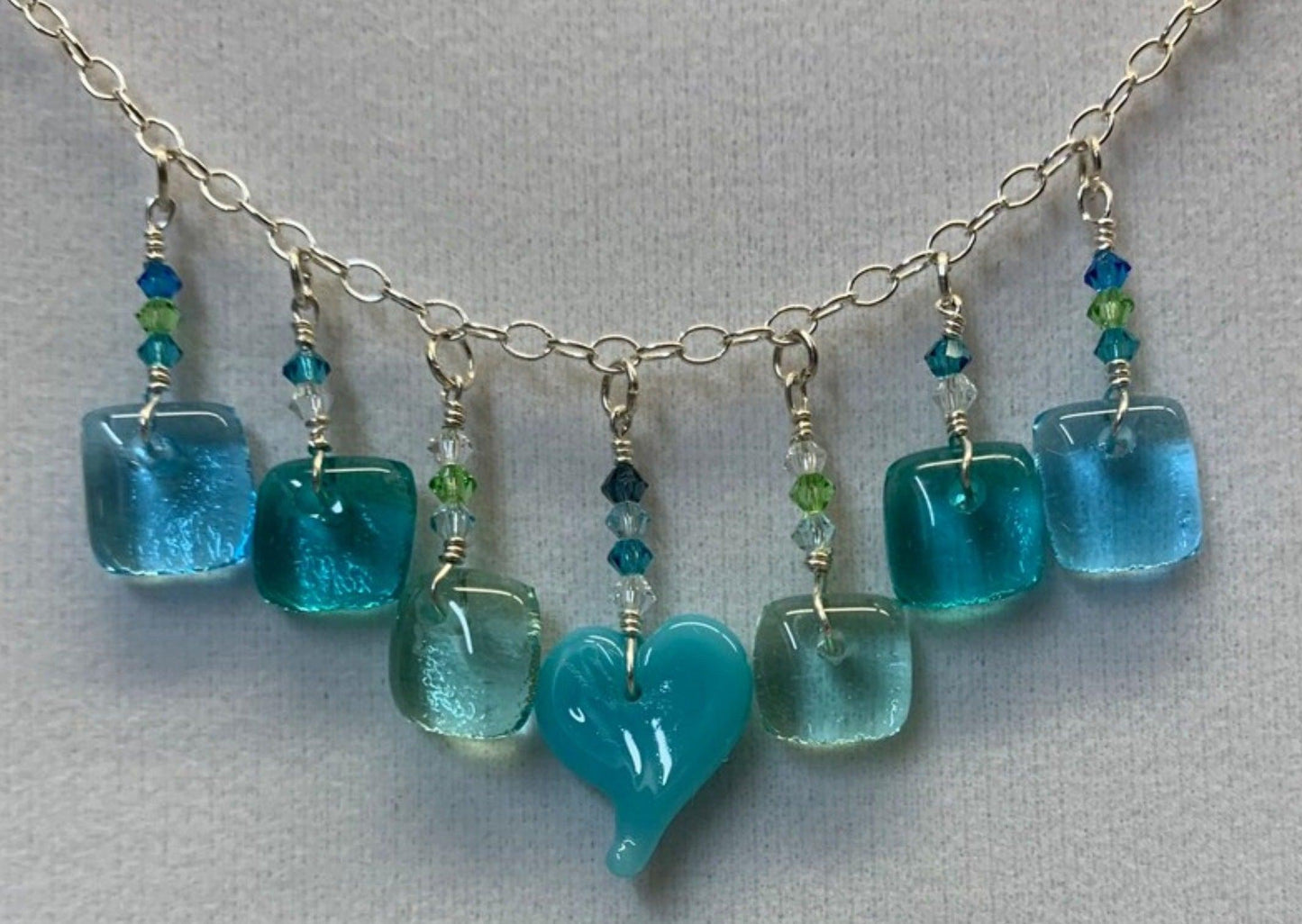 Blue Glass Bib Necklace on Sterling Silver Chain - Powerglassworks