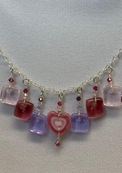 Sterling Silver Bib Necklace with Pink and Purple Fused Glass - Powerglassworks