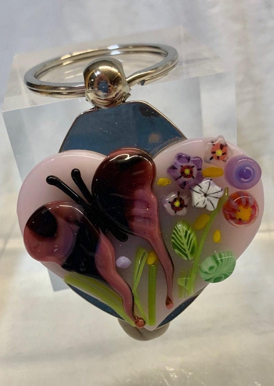 Fused Glass Heart Keychain with Butterfly - Powerglassworks