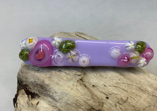 Fused Glass Lavender Barrette with Glass Hearts and Millefiori Flowers - Powerglassworks