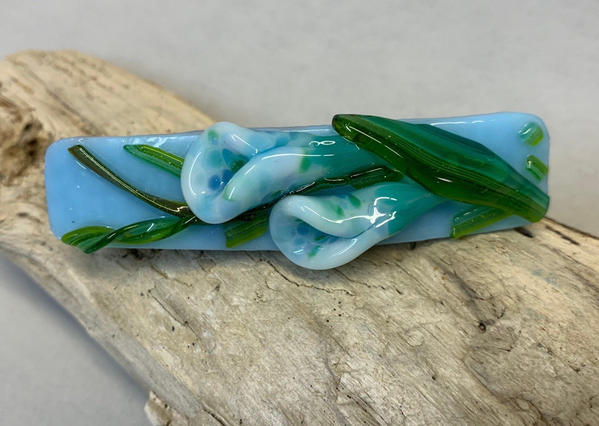 Fused Glass Blue Hair Barrette with Blue Calla Lily - Powerglassworks