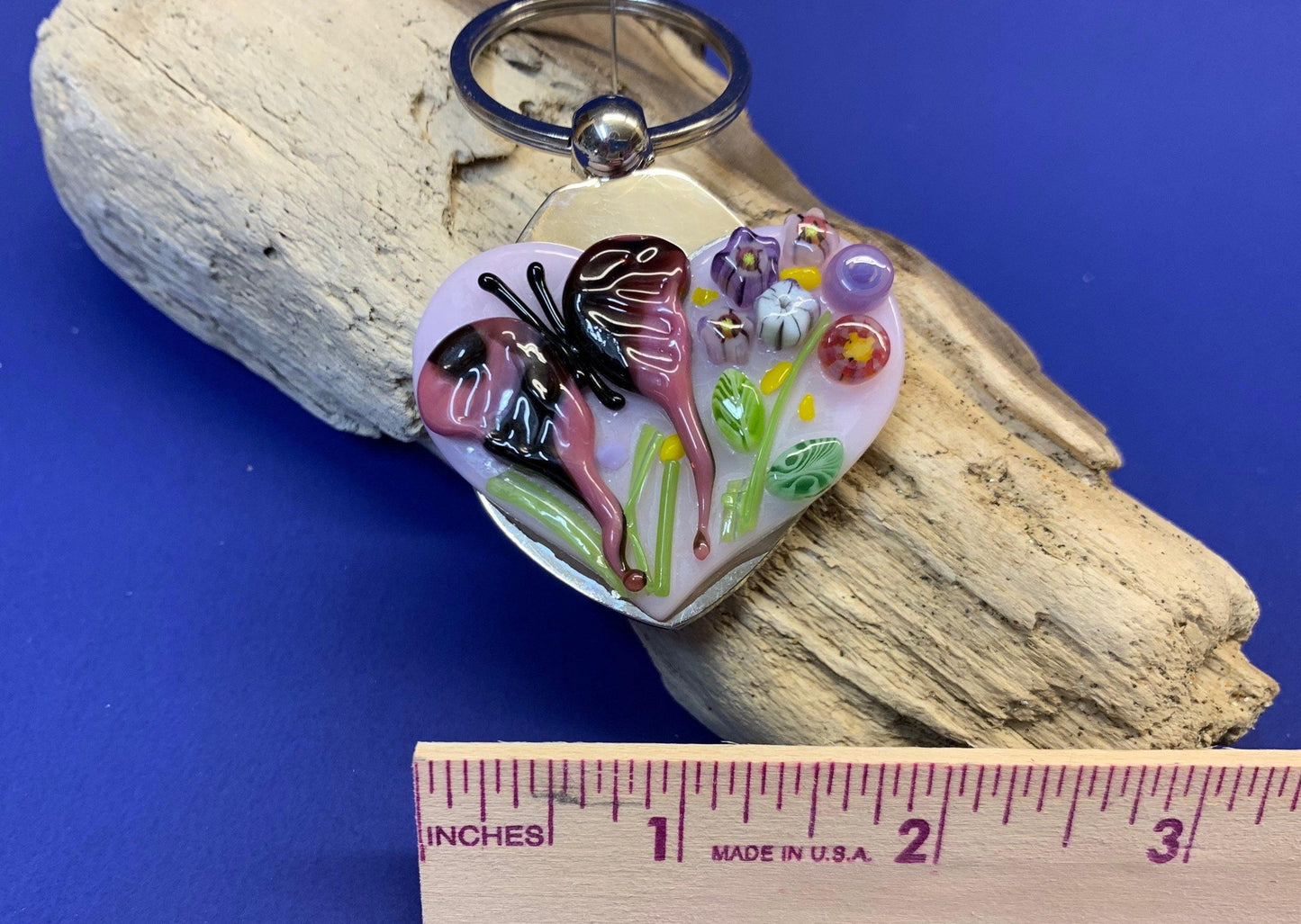 Fused Glass Heart Keychain with Butterfly - Powerglassworks