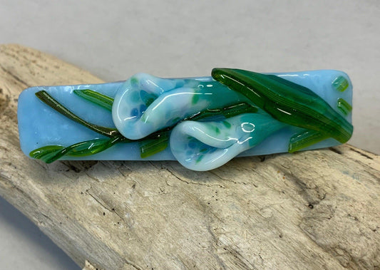 Fused Glass Blue Hair Barrette with Blue Calla Lily - Powerglassworks