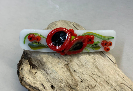 Fused Glass White Barrette with Red Poppies and Greenery - Powerglassworks