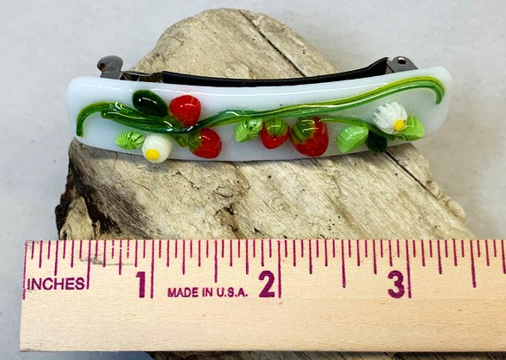 White Fused Glass Barrette with Millefiori Red Strawberries - Powerglassworks