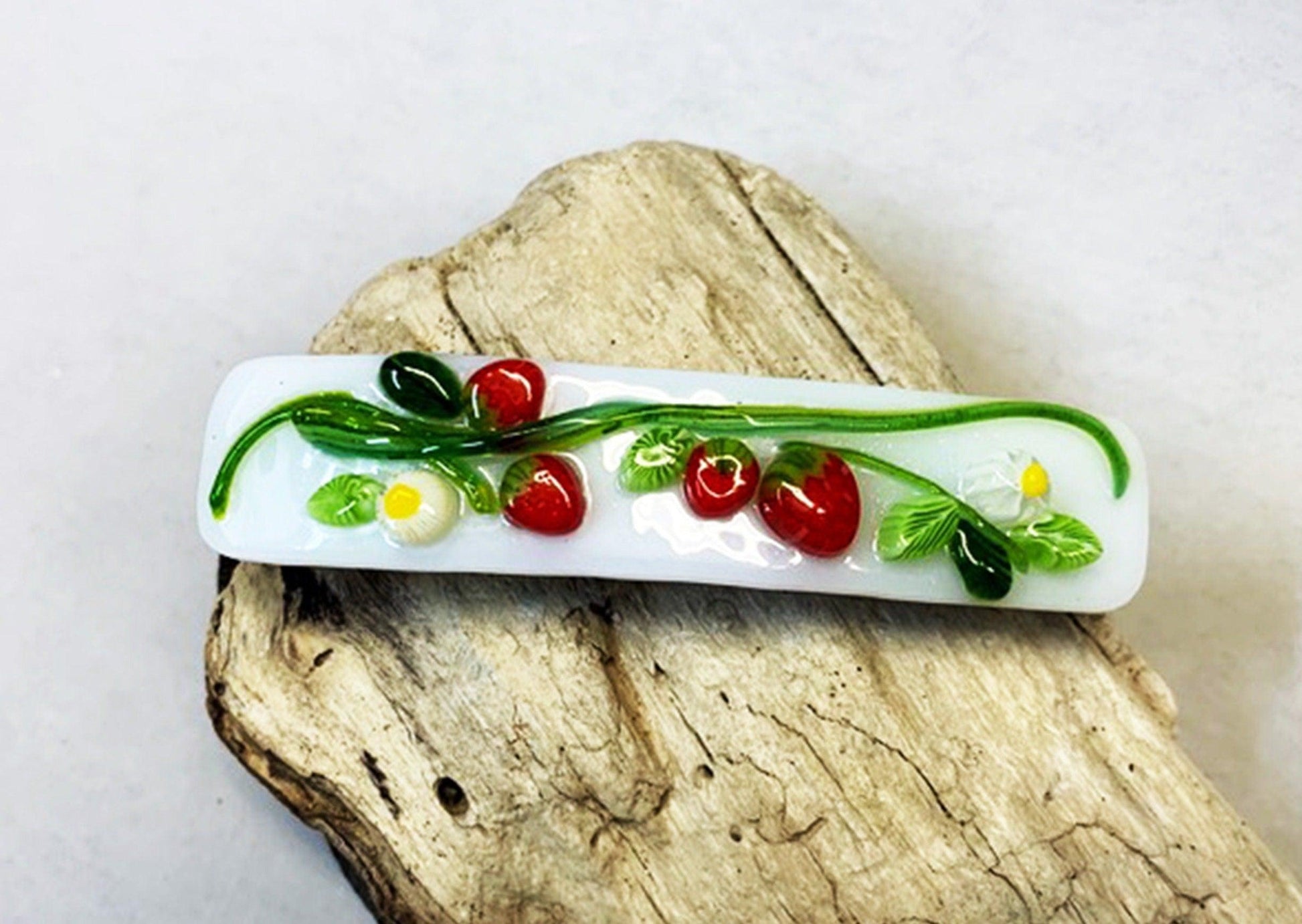 White Fused Glass Barrette with Millefiori Red Strawberries - Powerglassworks