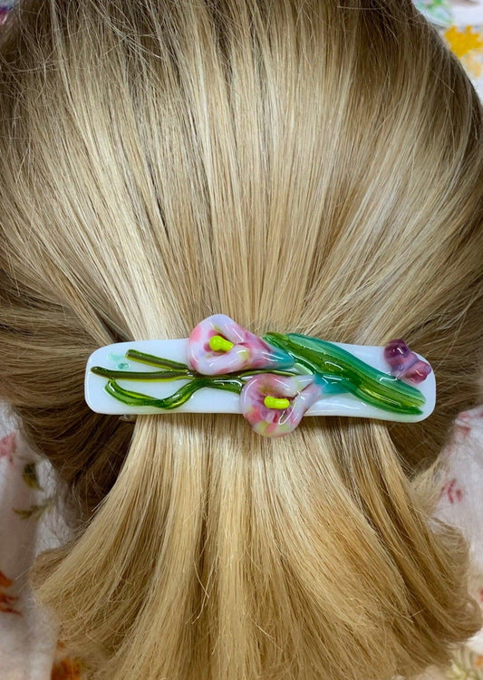 White Fused Glass Barrette with Pink Lampwork Lily Flowers and Greenery - Powerglassworks