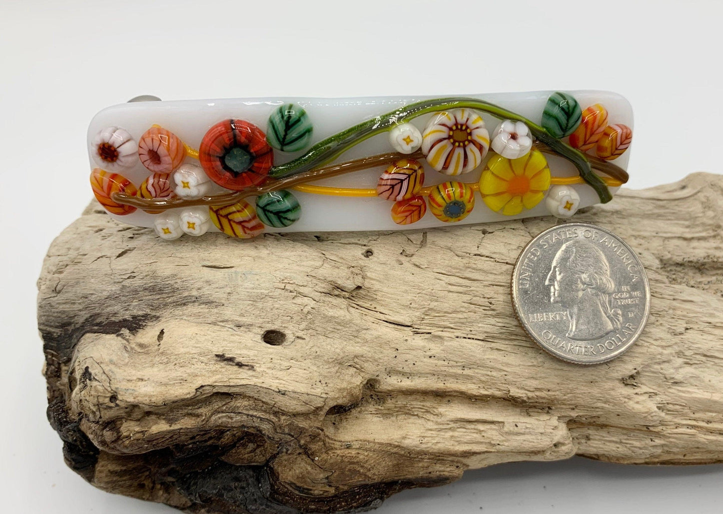 White Fused Glass Barrette with Millefiori Glass Flowers in Fall Colors - Powerglassworks