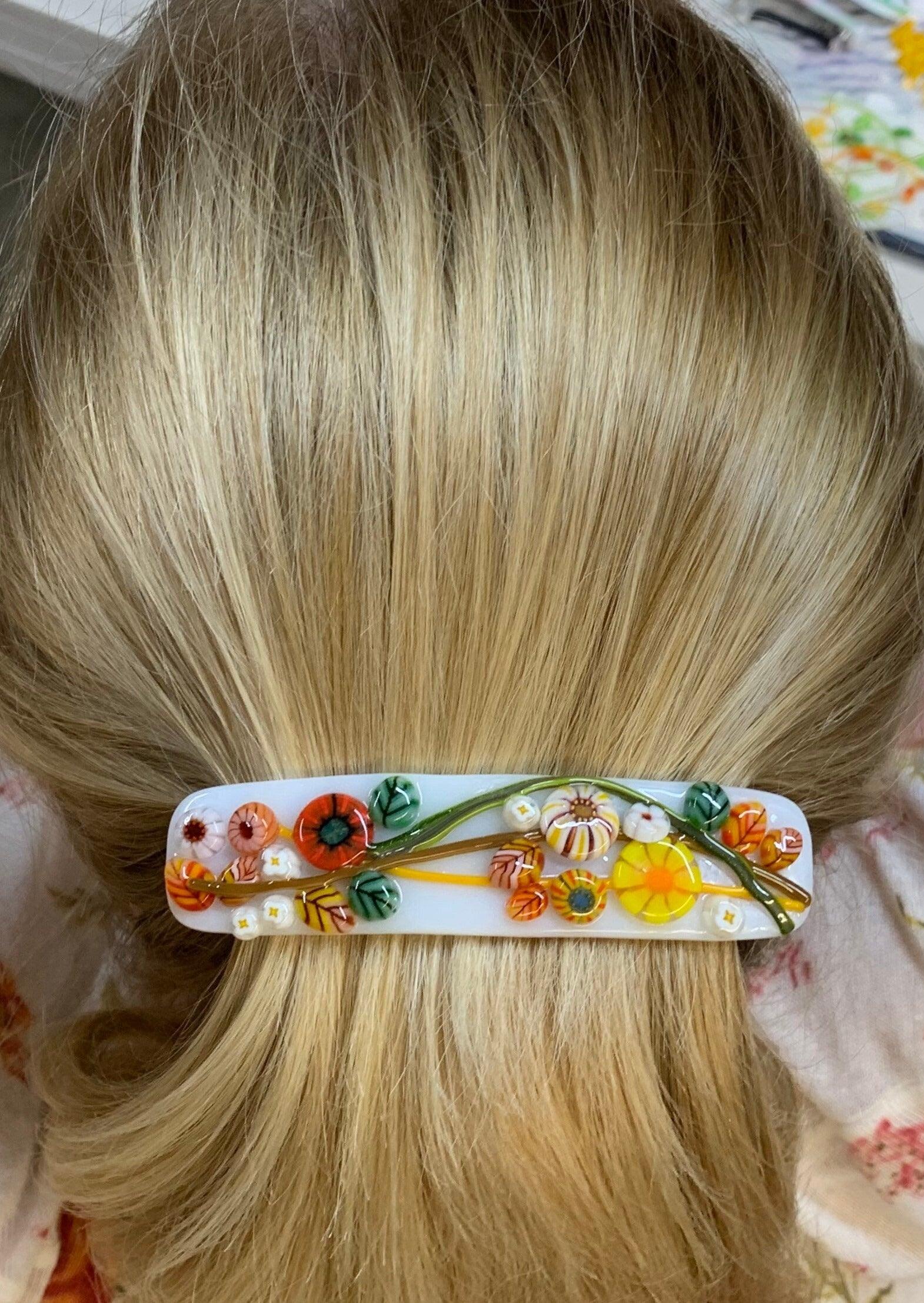 White Fused Glass Barrette with Millefiori Glass Flowers in Fall Colors - Powerglassworks