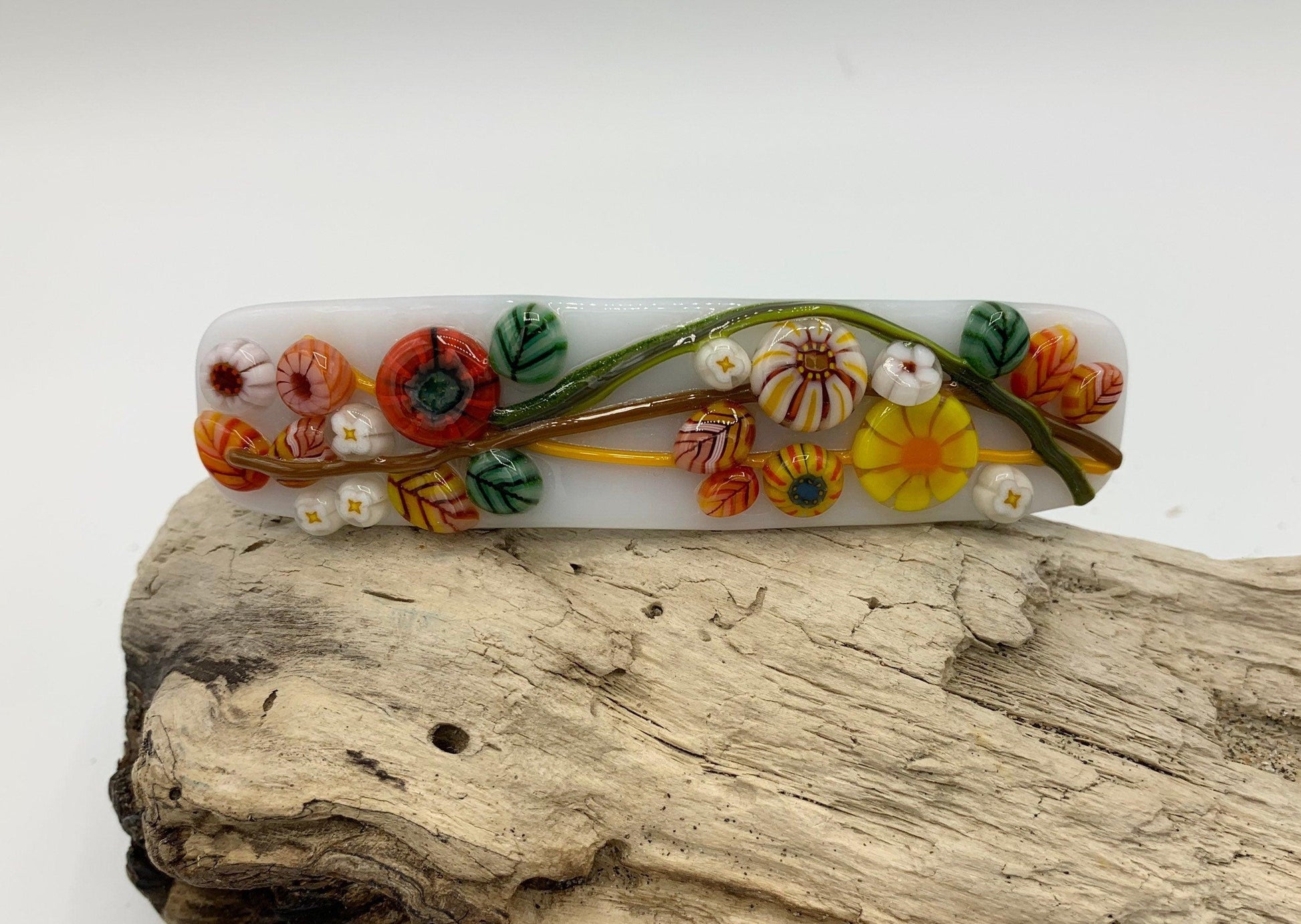 White Fused Glass Barrette with Millefiori Glass Flowers in Fall Colors - Powerglassworks