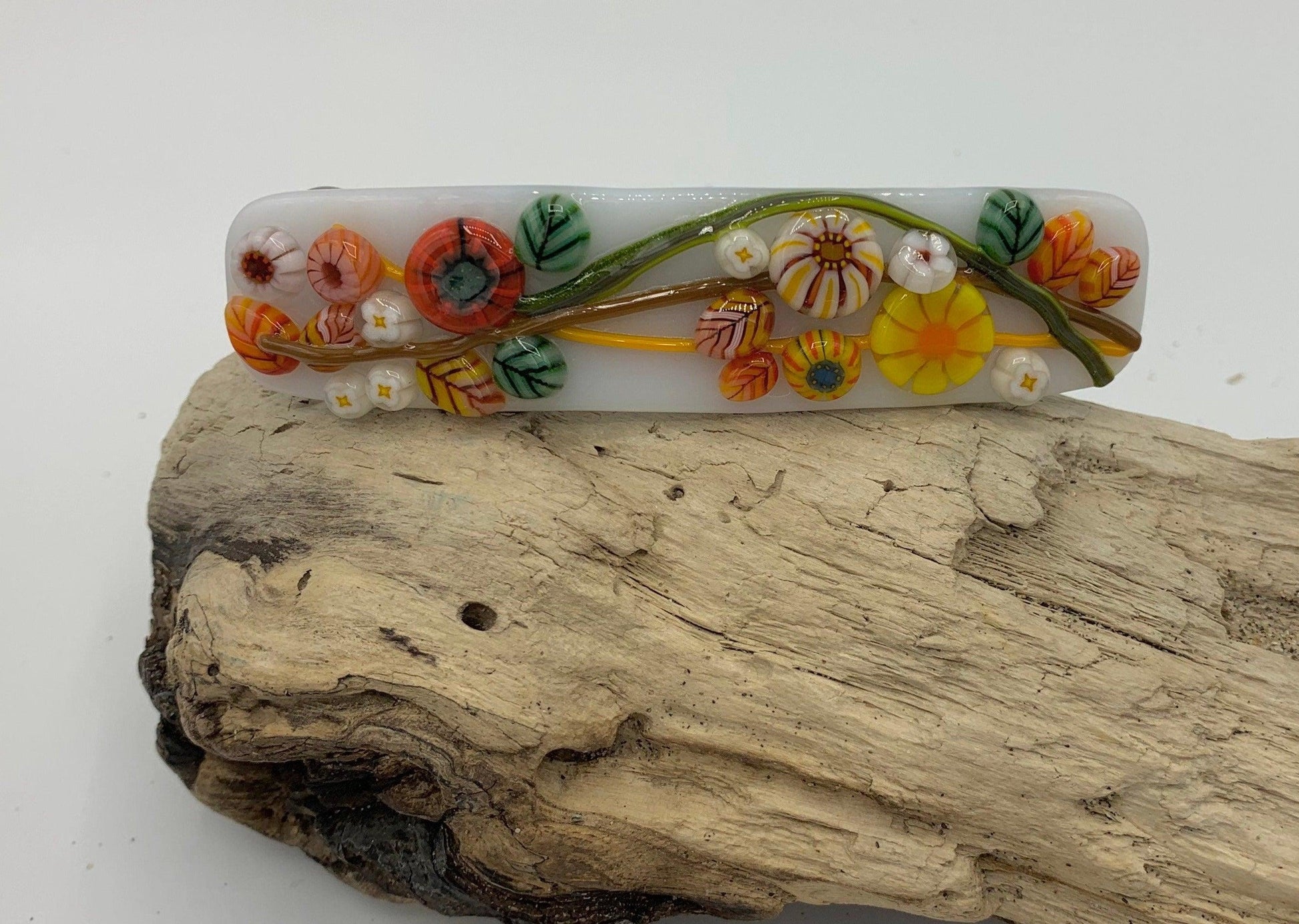 White Fused Glass Barrette with Millefiori Glass Flowers in Fall Colors - Powerglassworks