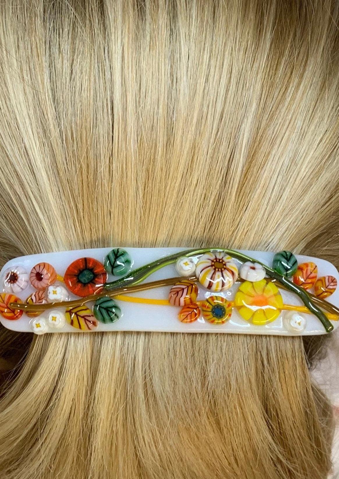 White Fused Glass Barrette with Millefiori Glass Flowers in Fall Colors - Powerglassworks