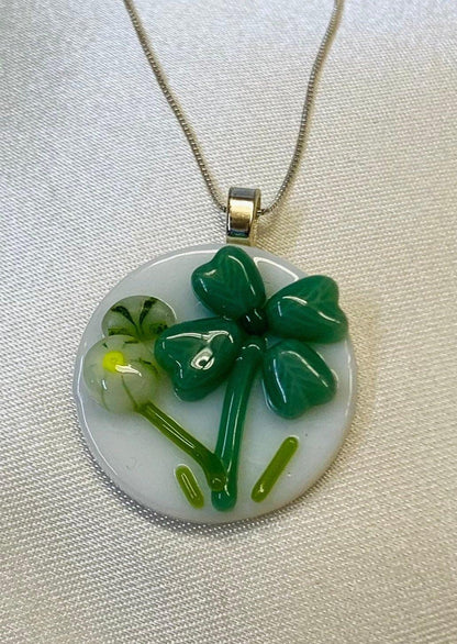 Round 1" Fused Glass St. Patrick's Day Pendant with Green Shamrock - Powerglassworks