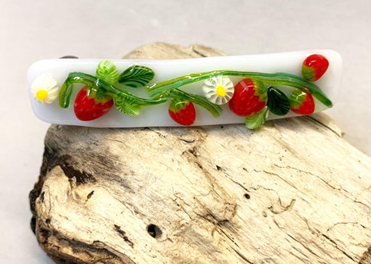 White Fused Glass Barrette with Red Strawberries and Green Leaves - Powerglassworks