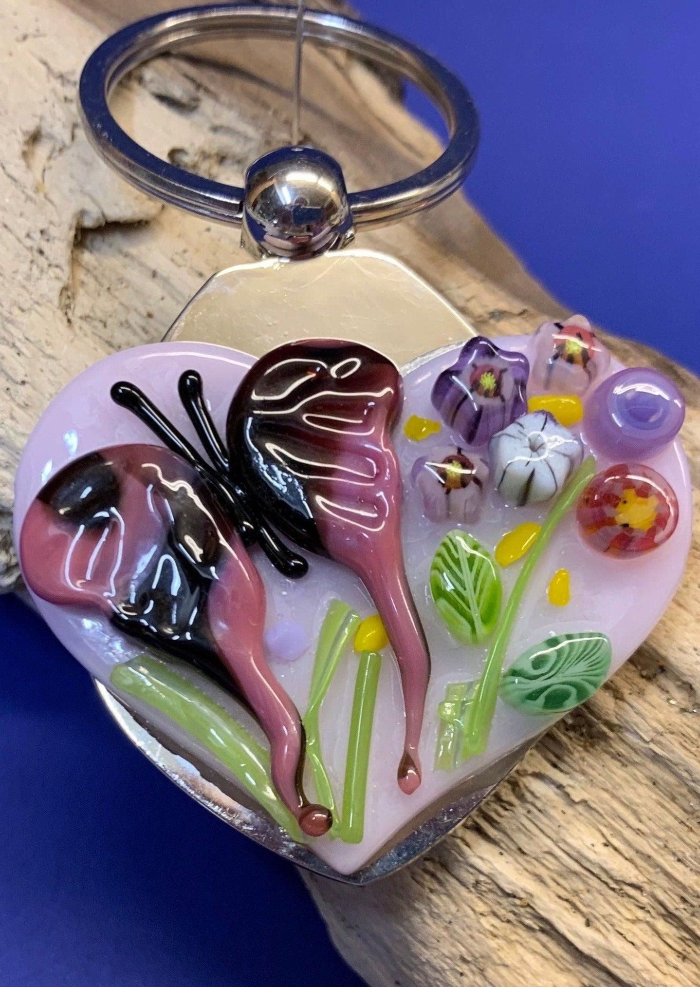 Fused Glass Heart Keychain with Butterfly - Powerglassworks