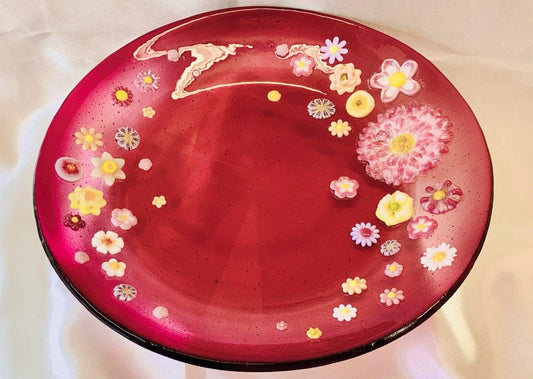 Gradient Red and Pink Glass Bowl with 3D Flowers - Powerglassworks