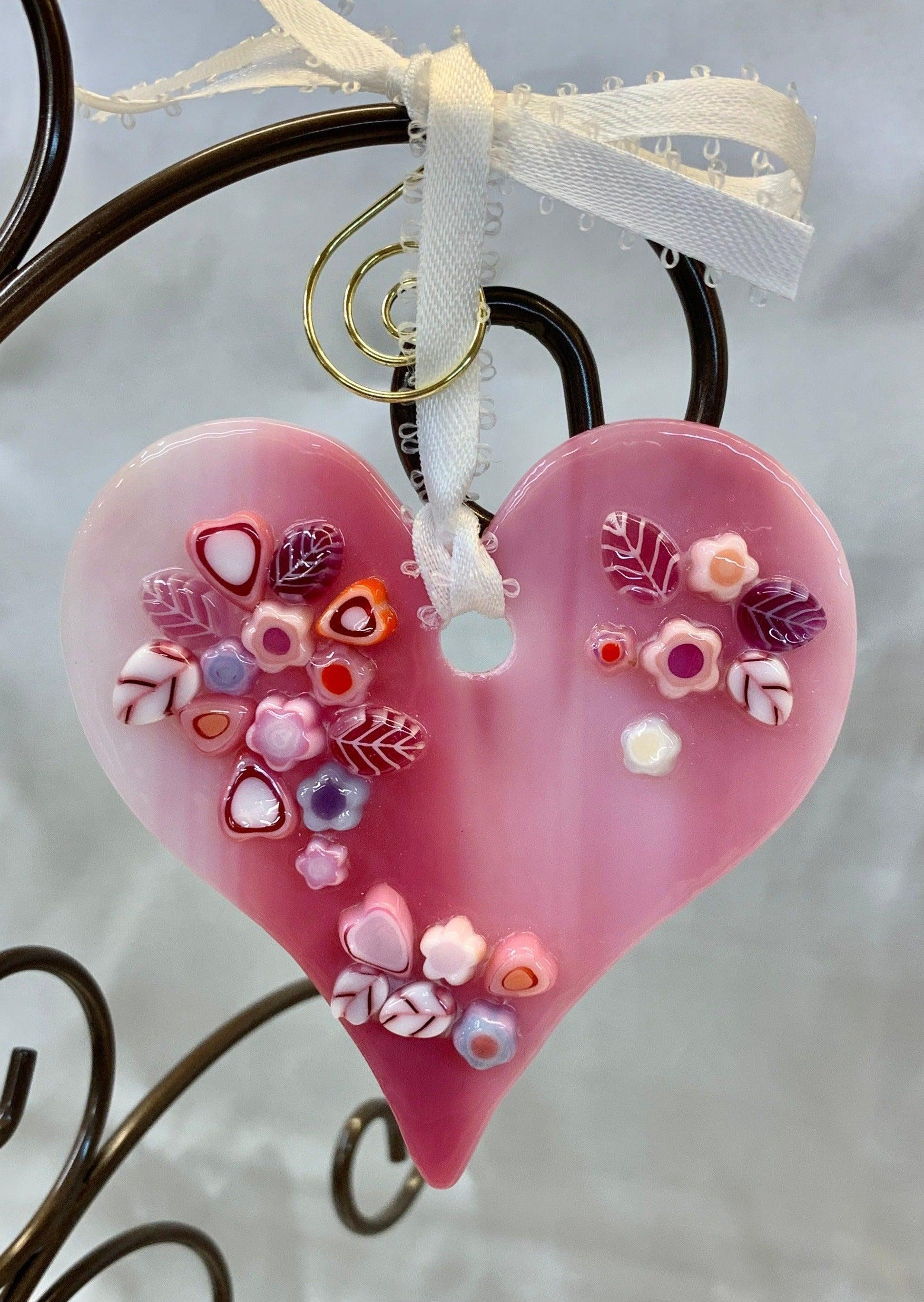 Pink Swirl Fused Glass Heart Suncatcher - Powerglassworks