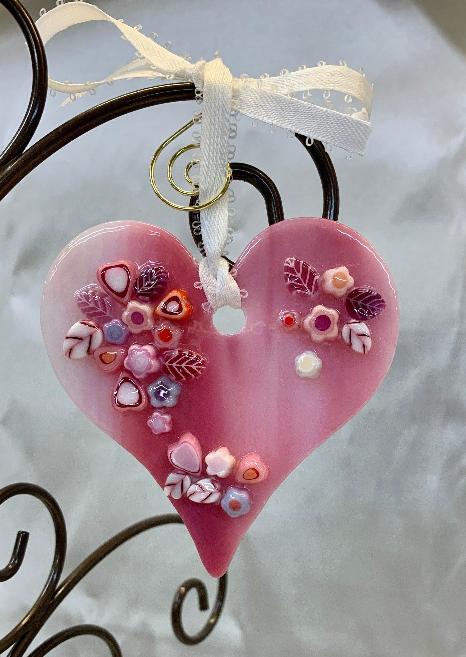 Pink Swirl Fused Glass Heart Suncatcher - Powerglassworks