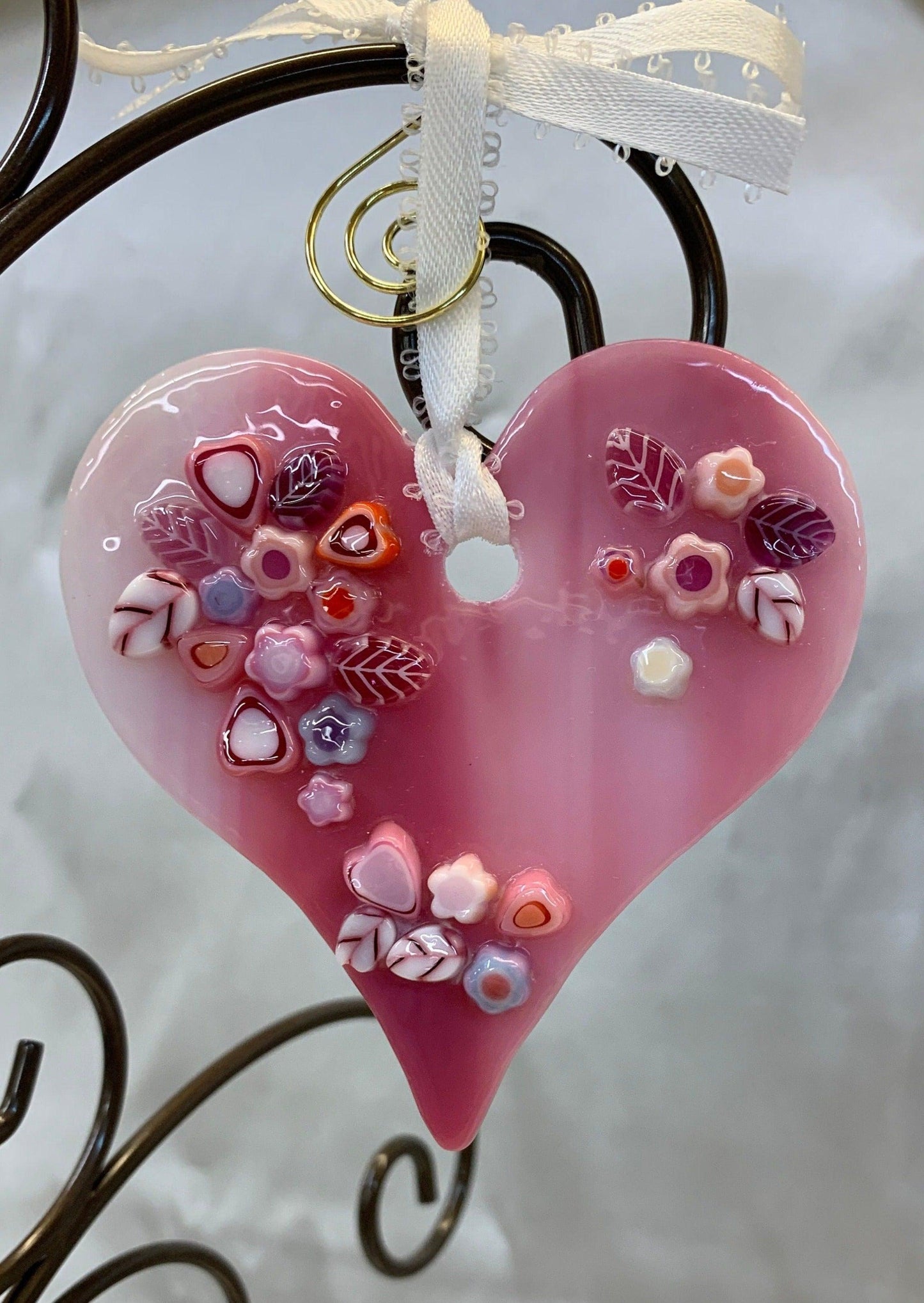 Pink Swirl Fused Glass Heart Suncatcher - Powerglassworks