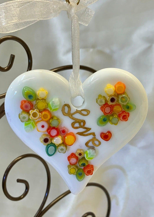 White Fused Glass "Love" Heart Suncatcher - Powerglassworks