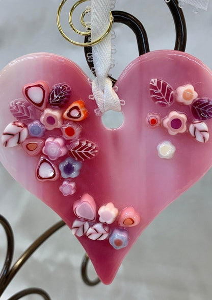 Pink Swirl Fused Glass Heart Suncatcher - Powerglassworks