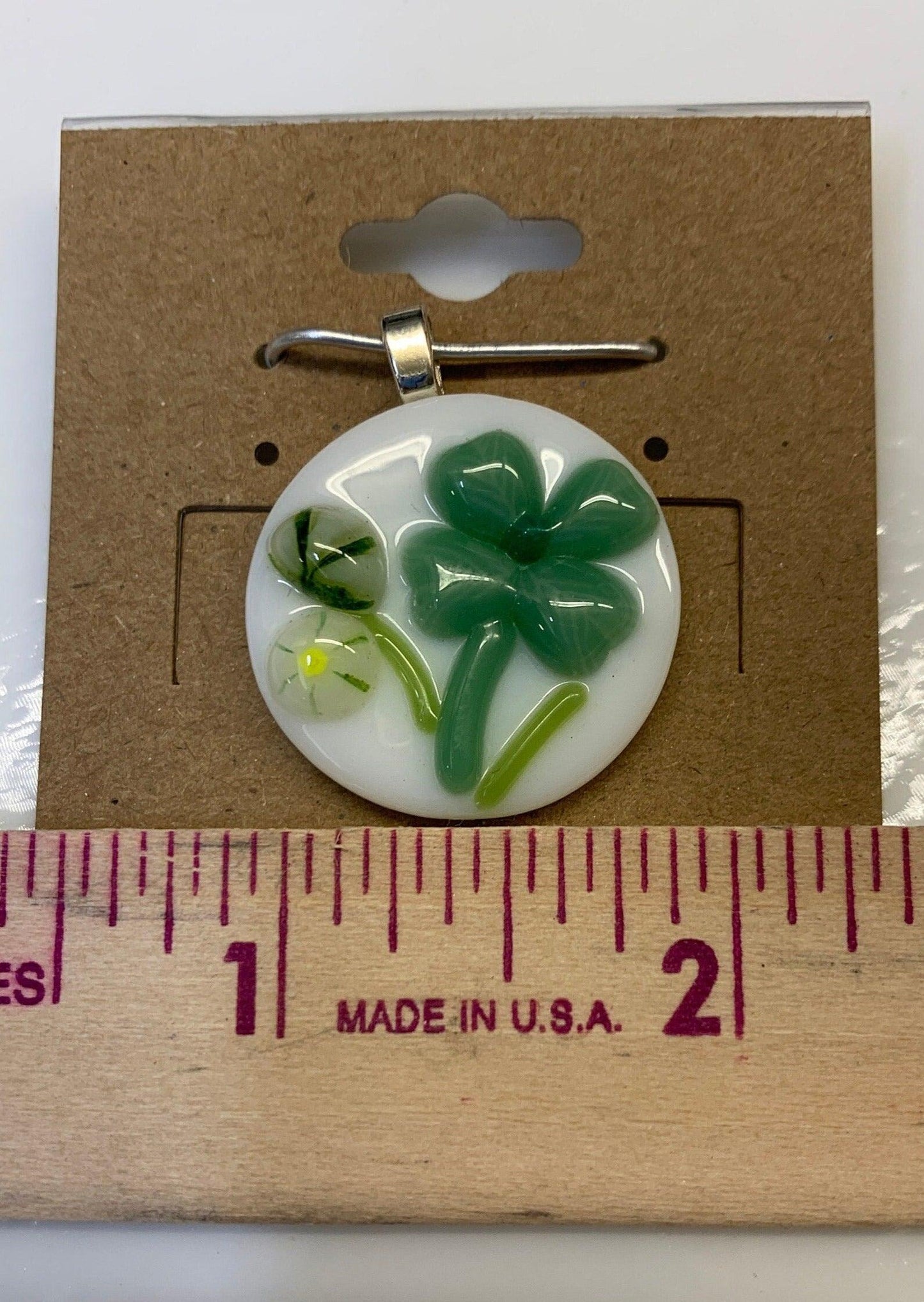 Round 1" Fused Glass St. Patrick's Day Pendant with Green Shamrock - Powerglassworks